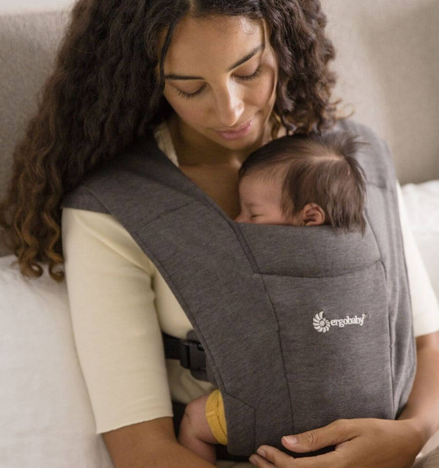 Ergobaby Embrace - Heather Grey baby carrier with a newborn, showcasing softness and ergonomic design | Babymaxi