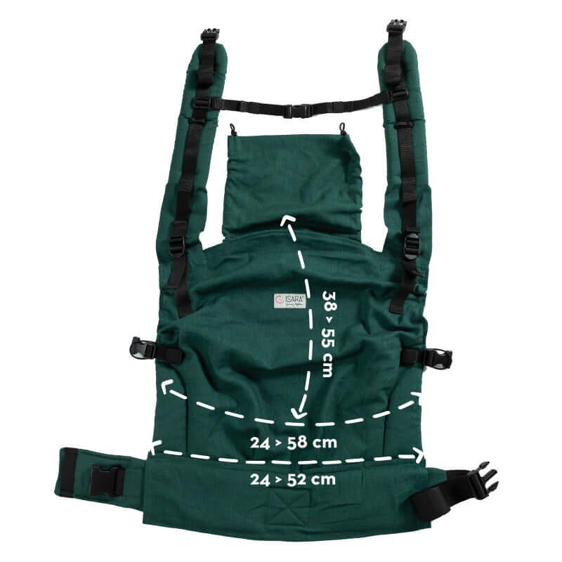 Isara Preschooler (up to 30kg) - Evergreen Linen adjustable baby carrier back panel with measurements | Babymaxi