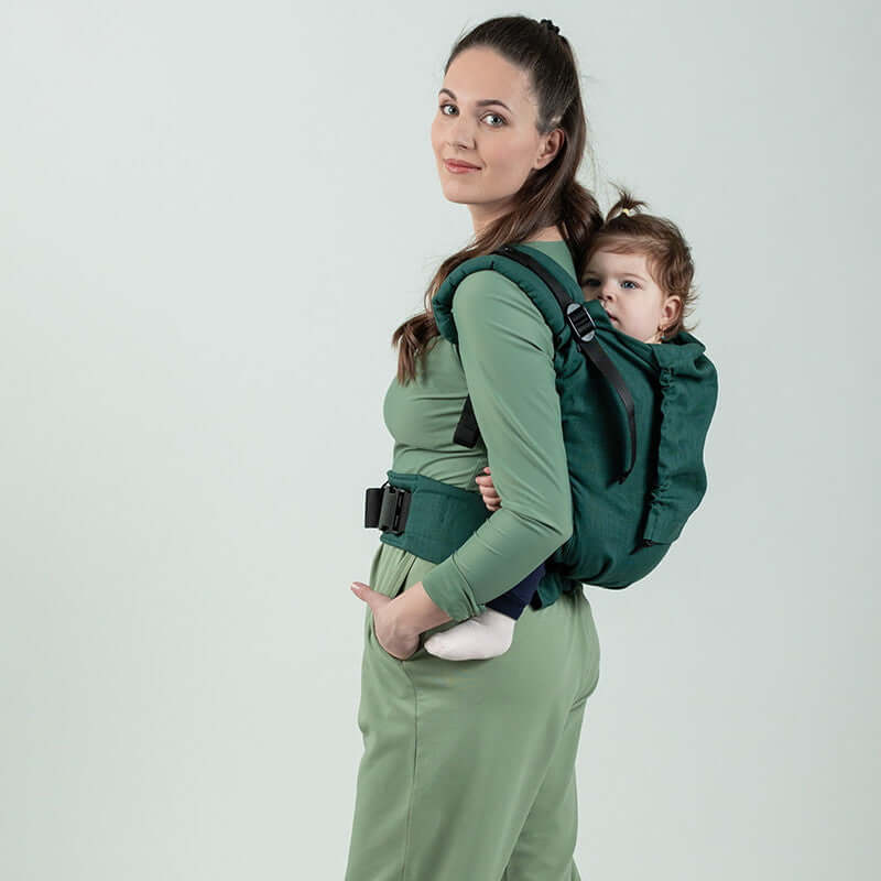 Isara Preschooler (up to 30kg) - Evergreen Linen baby carrier with child, adjustable for ages 9 months to 8 years | Babymaxi