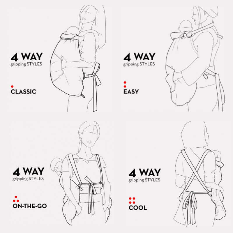 4 way gripping styles for baby carriers: Classic, Easy, On-the-Go, and Cool | Babymaxi