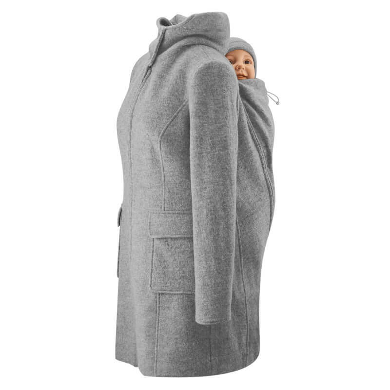 Mamalila Hooded Babywearing Coat Vienna - Light Grey with a baby carrier, showcasing warmth and style | Babymaxi