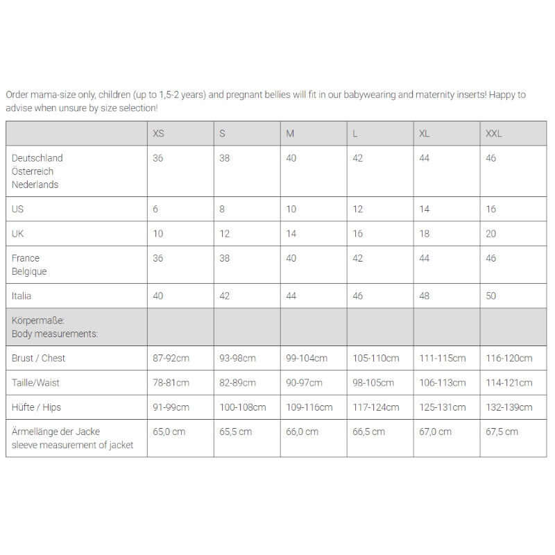 Size chart for Mamalila Softshell Babywearing Jacket Allrounder - Navy, with measurements for XS to XXL. | Babymaxi