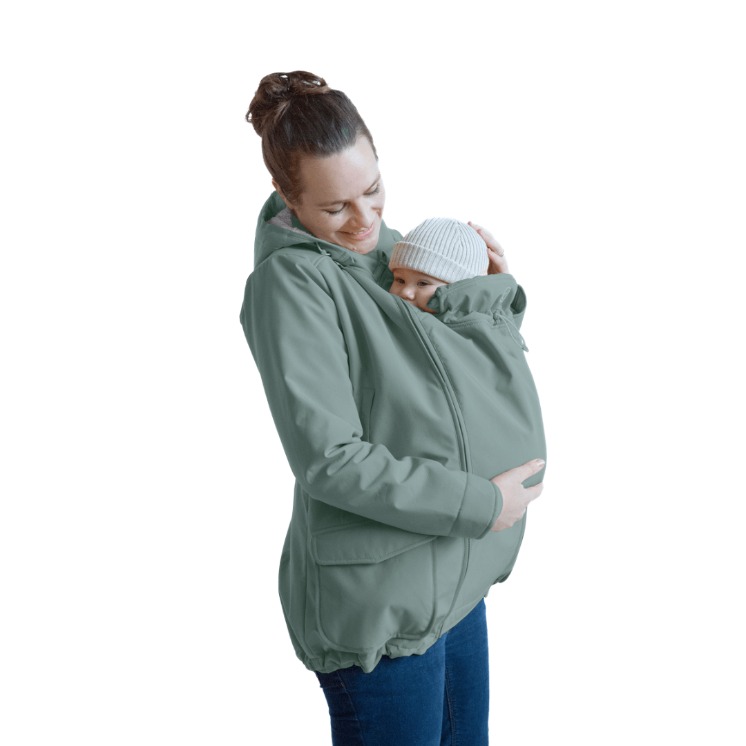 Mamalila Winter Softshell Baby Carrier Jacket - Agave with cozy teddy fleece, perfect for winter babywearing | Babymaxi