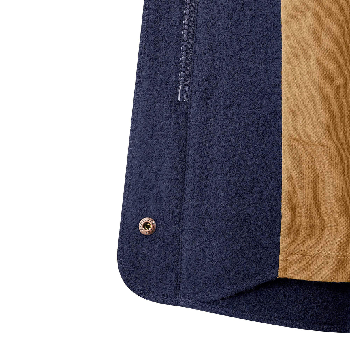 Close-up of the Mamalila Eco Wool Babywearing Coat Oslo - Navy fabric detail and zipper feature | Babymaxi