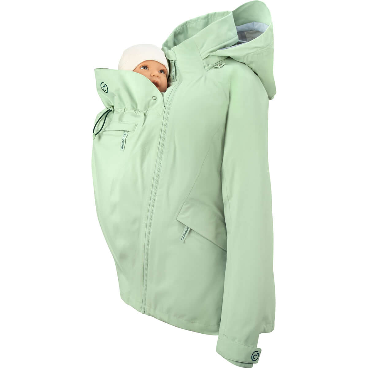 Mamalila Explorer Outdoor Baby Carrier Jacket - Mint with baby synthesis, ideal for outdoor activities and all-weather protection | Babymaxi