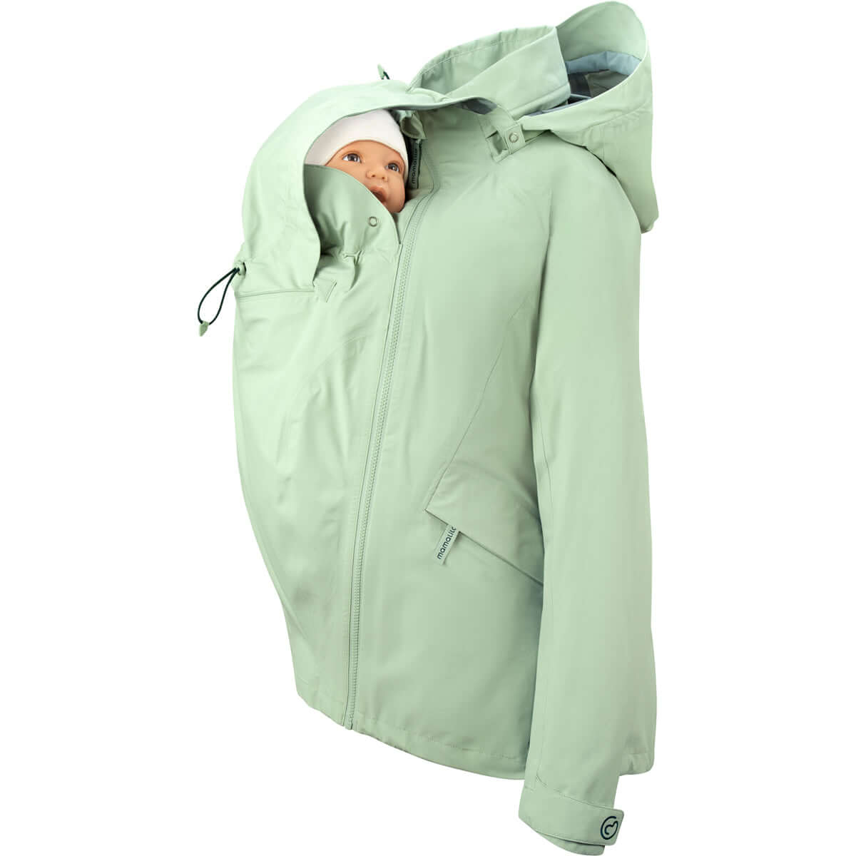 Mamalila Explorer Outdoor Baby Carrier Jacket - Mint with baby in hood, perfect for nature-loving moms | Babymaxi
