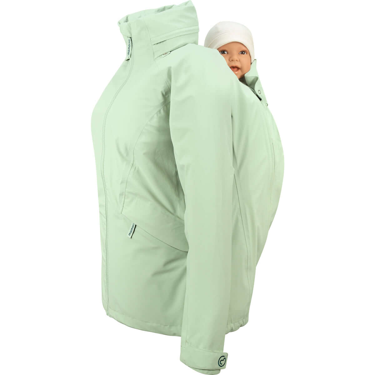 Mamalila Explorer Outdoor Baby Carrier Jacket - Mint displayed with baby in carrier, perfect for outdoor adventures | Babymaxi