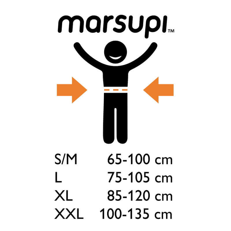 Sizing chart for Marsupi Breeze - Lilac baby carrier, showing size range for S/M, L, XL, and XXL | Babymaxi