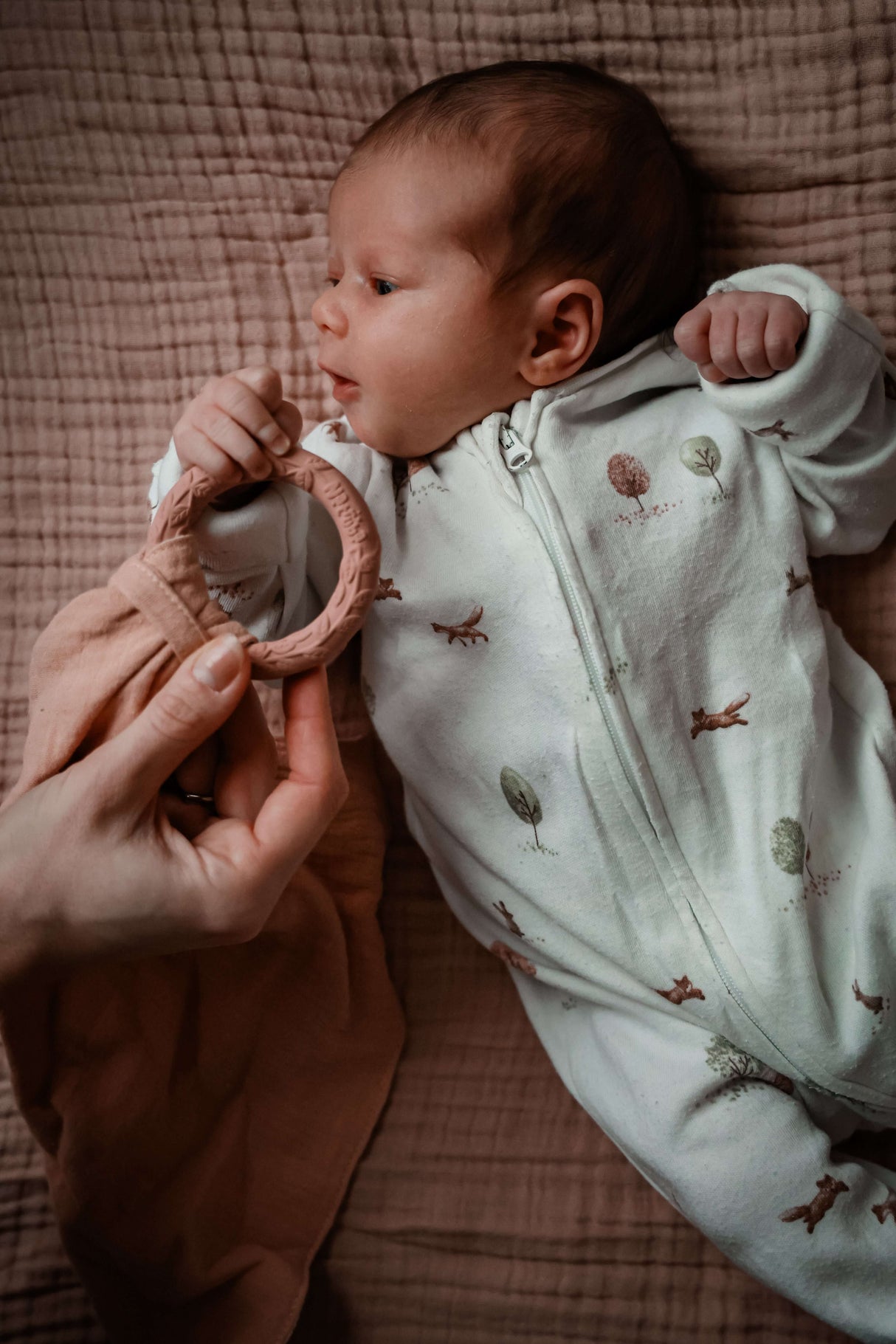 Organic Baby Teether & Activity Toy – Perfect for Carriers with baby holding teether and muslin cloth | Babymaxi