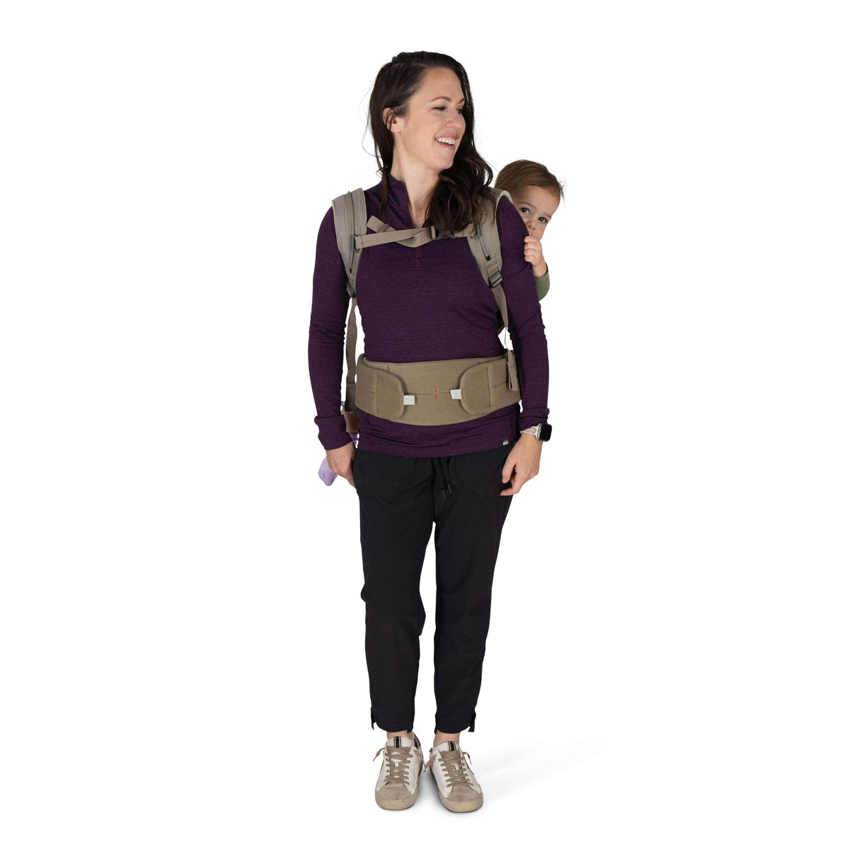 Osprey Poco Soft Child Carrier LT - Tan Concrete with a parent and child exploring comfortably | Babymaxi
