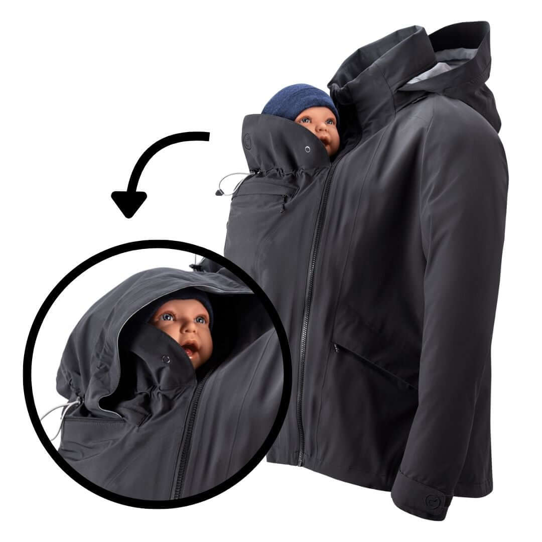 Mamalila Explorer Dad Waterproof Babywearing Shell Jacket - Black with baby insert for outdoor adventures | Babymaxi