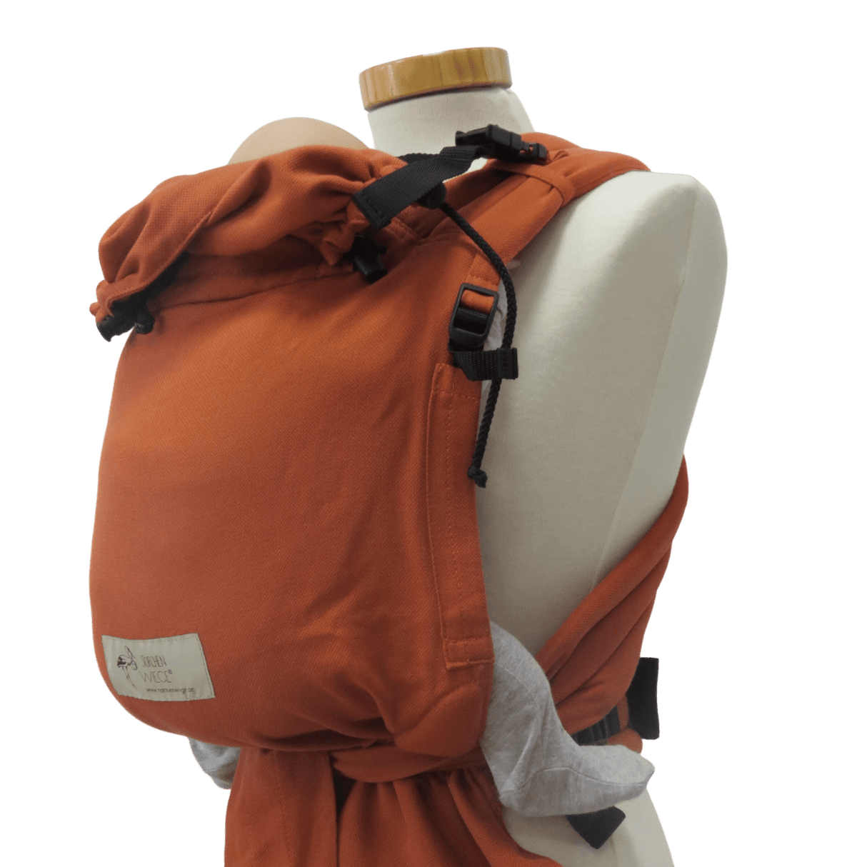 Storchenwiege Talemo Baby Carrier - Terra on a mannequin, half-buckle design, adjustable fit, perfect for newborns. | Babymaxi