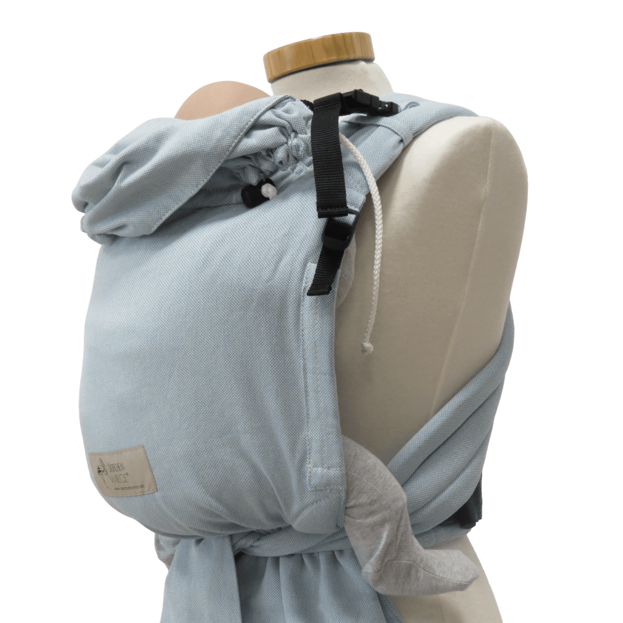 Storchenwiege Talemo BabyCarrier - Aqua displayed on mannequin, featuring adjustable buckle waist and wrap-style shoulder straps | Babymaxi