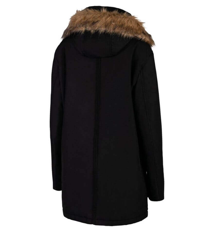 Back view of the Wombat & Co. London - Bandicoot Baby Carrier Coat for Men - Black featuring a stylish fur-lined hood | Babymaxi