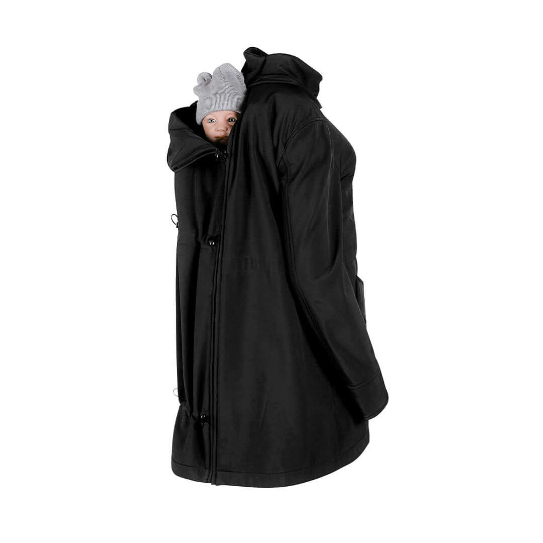 Wombat & Co. London - Shell Baby Carrier Coat - Black with baby inside hooded pocket | Babymaxi
