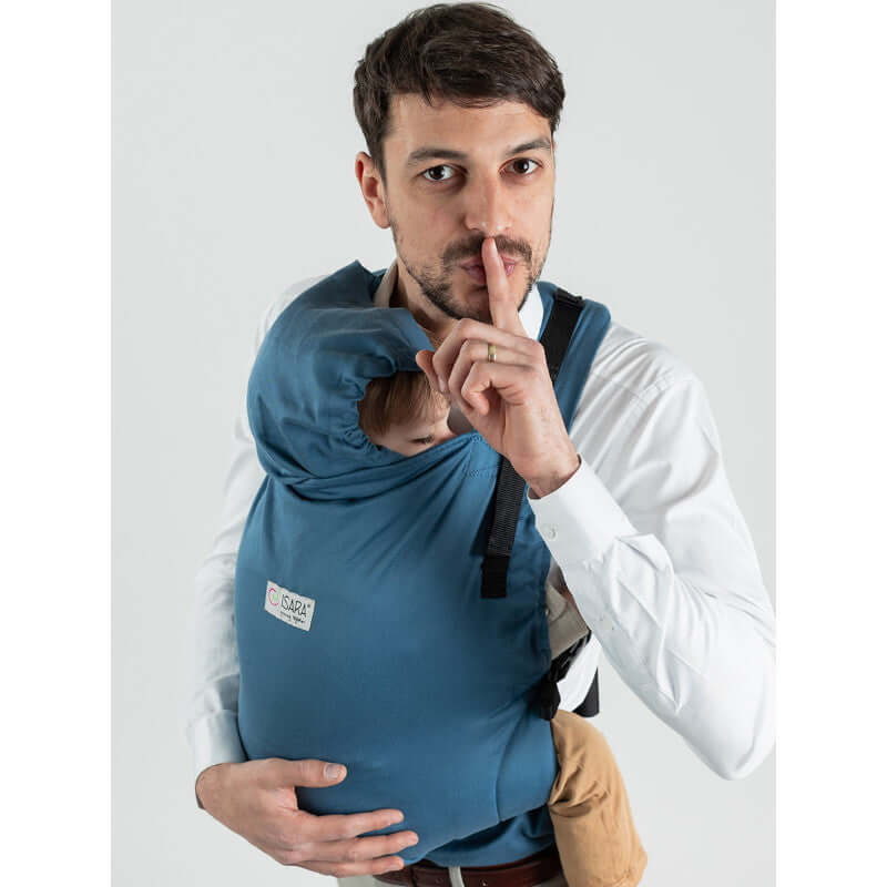 Isara Preschooler (up to 30kg) - Bluestone baby carrier featuring a dad with a toddler, ideal for comfort and durability | Babymaxi