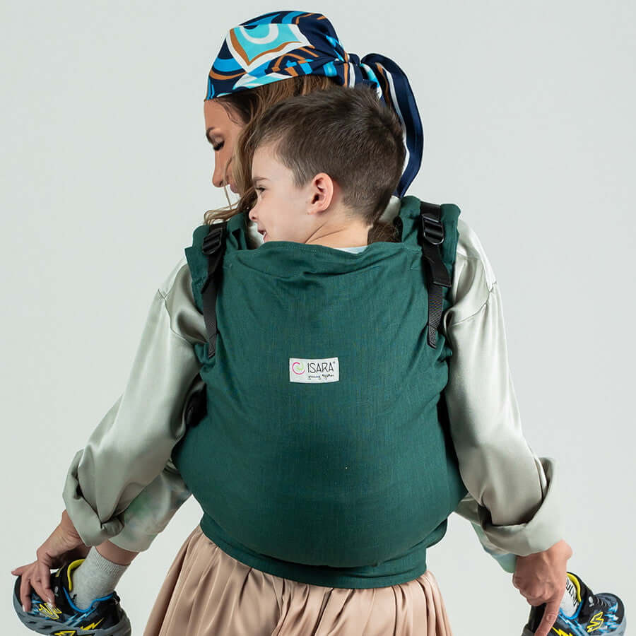 Isara Preschooler (up to 30kg) - Evergreen Linen baby carrier in use with child on back | Babymaxi