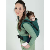 Isara Preschooler (up to 30kg) - Evergreen Linen baby carrier with child on back in green outfit | Babymaxi