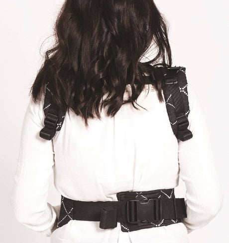 Isara The One - Diamonda Black baby carrier shown from behind, demonstrating adjustable straps and one size fits all design | Babymaxi