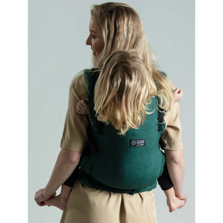 Isara The One - Evergreen Linen baby carrier showcasing a parent comfortably carrying a child on their back | Babymaxi