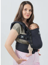 Isara The One - Noire ergonomic baby carrier in use with baby; perfect for all body types and stages | Babymaxi