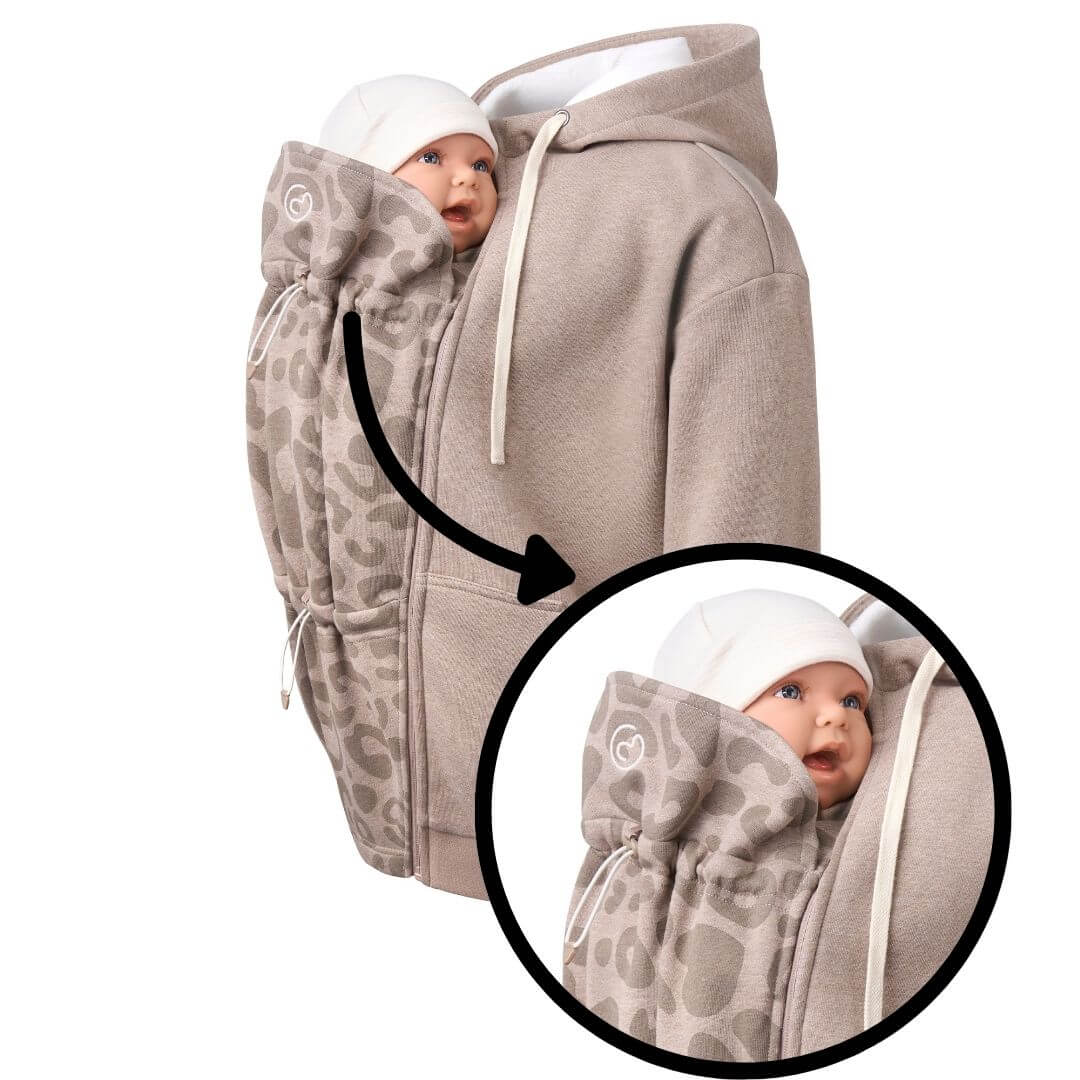 Mamalila Babywearing Hoodie London - Sand displaying babywearing functionality with cozy design | Babymaxi