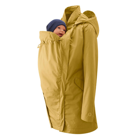 Mamalila Dublin Babywearing Coat – Mustard with baby in pocket, ideal for all seasons | Babymaxi