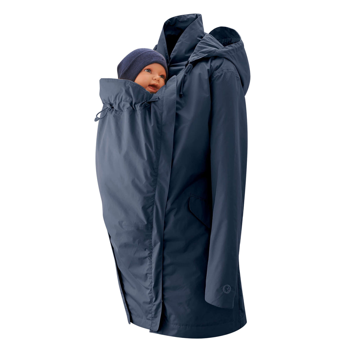 Mamalila Dublin Babywearing Coat – Navy on a person with a baby in a front carrier | Babymaxi