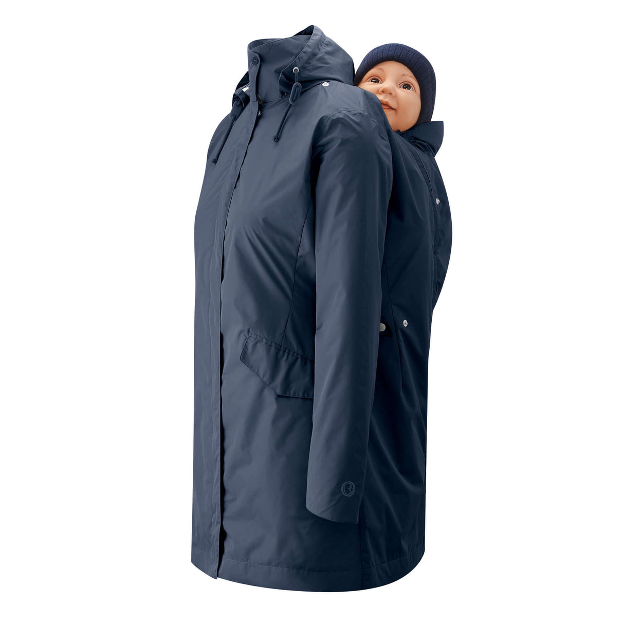 Mamalila Dublin Babywearing Coat – Navy with baby in back carrying position | Babymaxi
