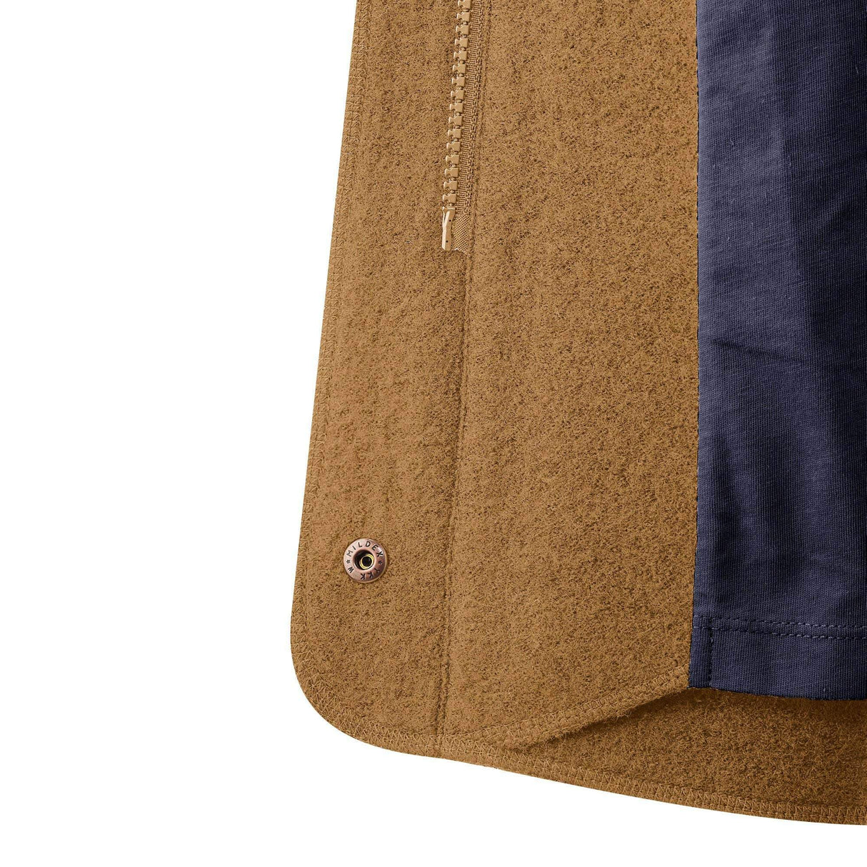 Mamalila Eco Wool Babywearing Coat Oslo - Camel interior detail showing zip and fabric texture | Babymaxi