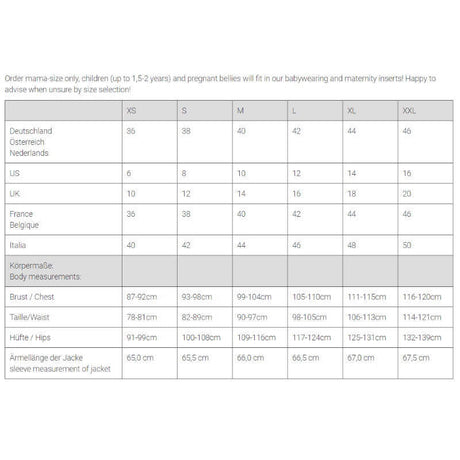 Mamalila Hooded Babywearing Coat Vienna - Anthracite size chart for accurate fitting | Babymaxi