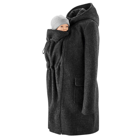 Mamalila Hooded Babywearing Coat Vienna - Anthracite with model showcasing baby pocket | Babymaxi