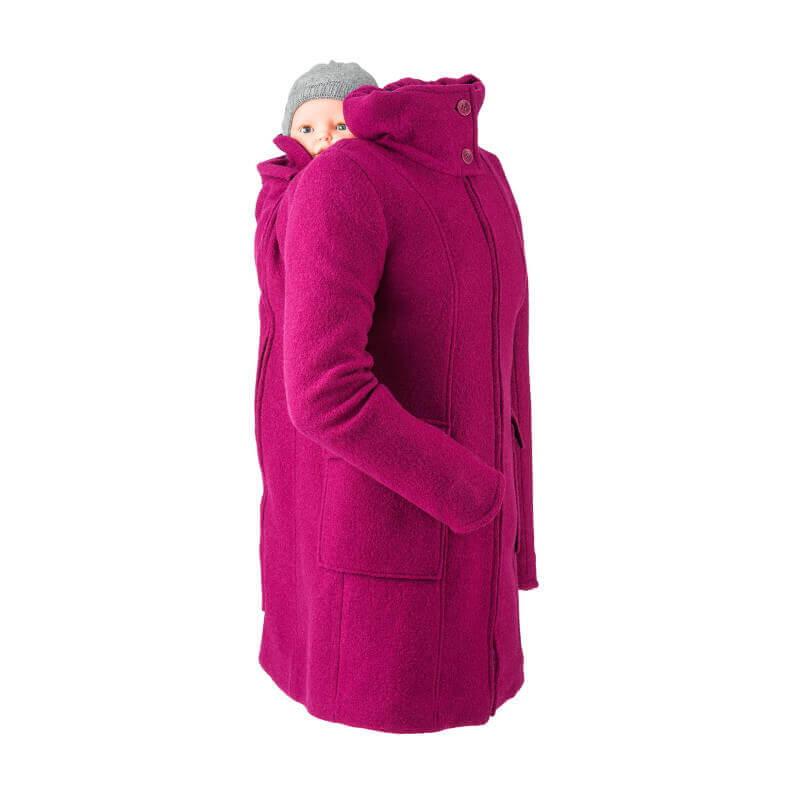 Mamalila Hooded Babywearing Coat Vienna - Berry with baby in hood, stylish purple boiled wool jacket, perfect for all weather | Babymaxi