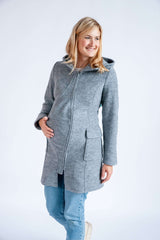 Mamalila Hooded Babywearing Coat Vienna - Light Grey, stylish pregnant woman wearing a warm coat, perfect for parents | Babymaxi