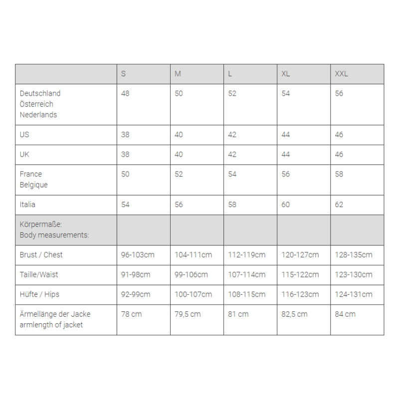 Size chart for Mamalila Softshell Allrounder Babywearing Jacket for men - Black showing measurements | Babymaxi