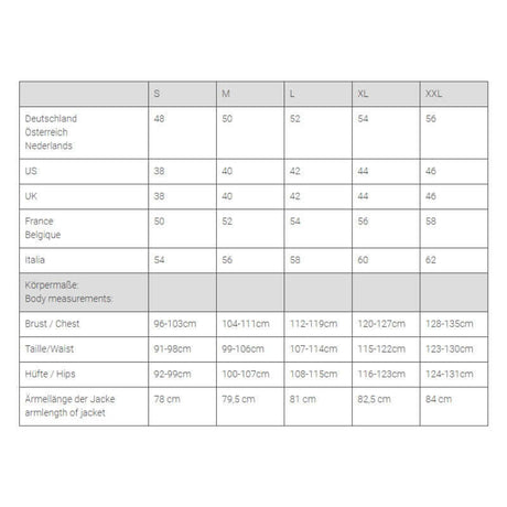 Mamalila Softshell Allrounder Babywearing Jacket for men - Khaki size chart with body measurements | Babymaxi