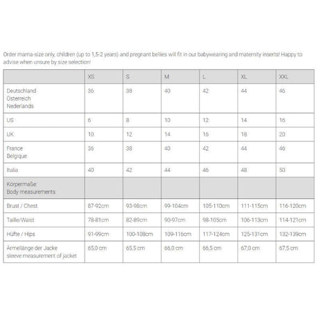 Size chart for Mamalila Softshell Babywearing Jacket Allrounder - Navy, with measurements for XS to XXL. | Babymaxi
