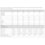 Size chart for Mamalila Winter Softshell Baby Carrier Jacket - Agave, detailing sizing in various countries | Babymaxi