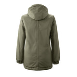 Mamalila Boston Babywearing Jacket Olive, back view with hood, solo wear