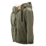 Mamalila Boston Babywearing Jacket Olive, baby carried on front in ergonomic insert