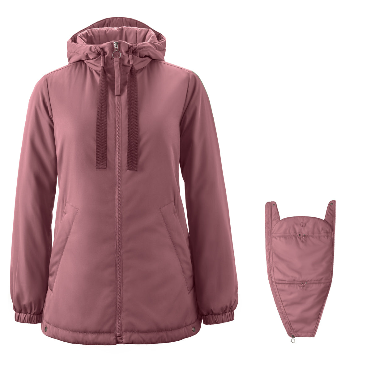 Mamalila Boston Babywearing Jacket Dark Rose, front view with detachable baby insert