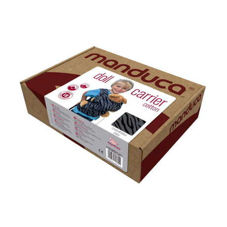 Manduca Doll Carrier - Zebra packaging design showing a child carrying a toy doll, made from organic cotton | Babymaxi