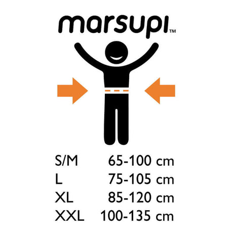 Marsupi Classic - Grey size chart showing waist measurements for S/M, L, XL, and XXL | Babymaxi
