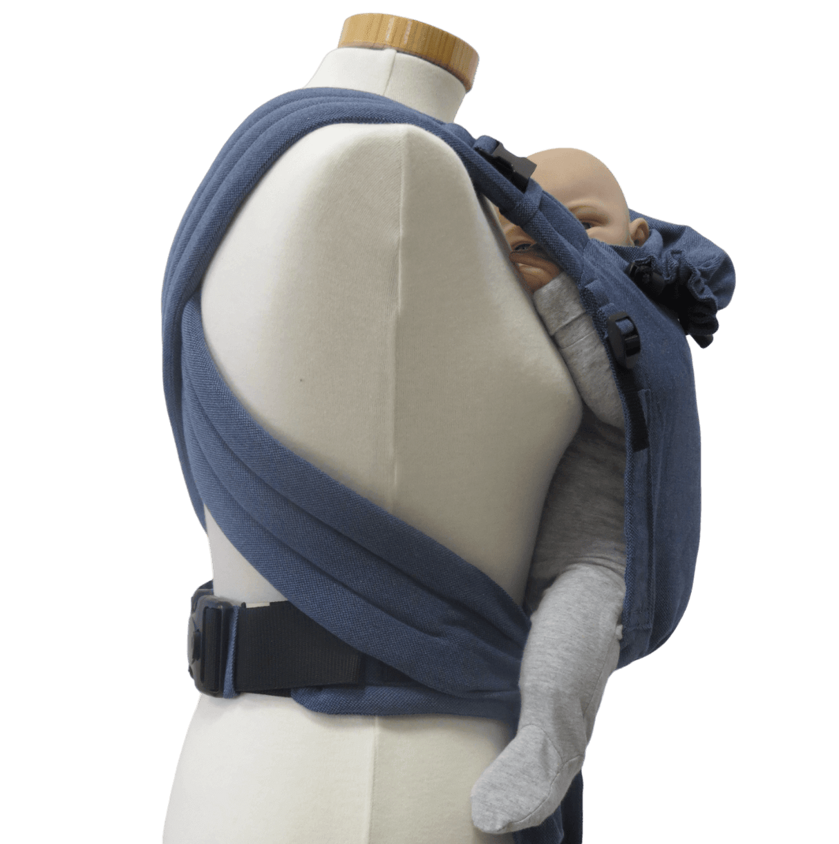 Storchenwiege Talemo Half-Buckle Baby Carrier - Denim displayed on a mannequin with a baby, showcasing its adjustable design | Babymaxi