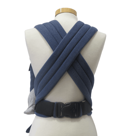 Back view of the Storchenwiege Talemo Half-Buckle Baby Carrier - Denim showing the adjustable straps and buckle | Babymaxi