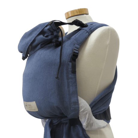 Storchenwiege Talemo Half-Buckle Baby Carrier - Denim displayed on a mannequin showing adjustable features | Babymaxi