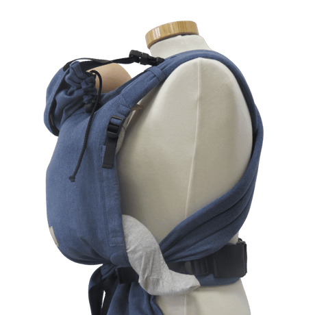 Storchenwiege Talemo Half-Buckle Baby Carrier - Denim on display, showcasing adjustable straps and buckle waist belt | Babymaxi