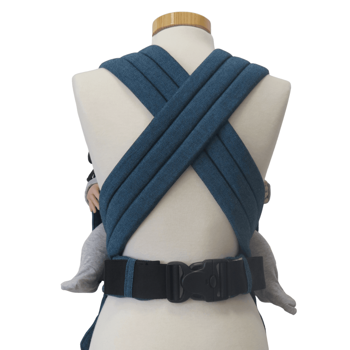 Storchenwiege Talemo Half-Buckle Baby Carrier - Turquoise on a mannequin, showing adjustable straps and buckle | Babymaxi