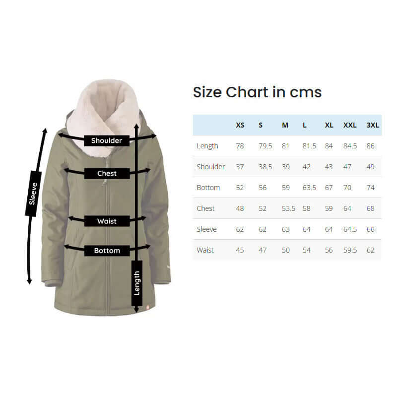 Wombat & Co. London - Wallaby Baby Carrier Jacket - Forest Green & Beige size chart with measurements | Babymaxi