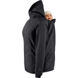 Mamalila Softshell Babywearing Jacket Allrounder Fit Black, back carry with baby insert, side view